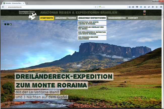 Startseitenansicht der Amazonas-Website von Southern Cross Tours & Expeditions