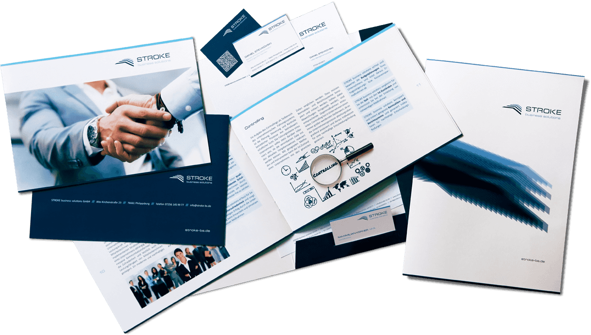 Printmedien von STROKE im neuen Corporate Design: Visitenkarten, Briefpapier, Broschüre und Mappe