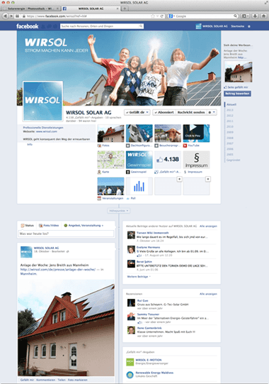 Screenshot Facebook-Seite <span class='special'>W i r s o l</span> Solar AG