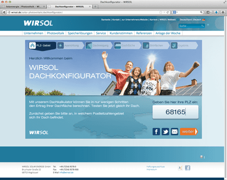 Screenshot des Dachkalkulators eingebetet auf der Privatkunden-Website